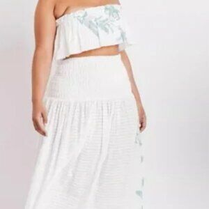 Tanya Taylor swim Gina strapless top. White floral and Skirt